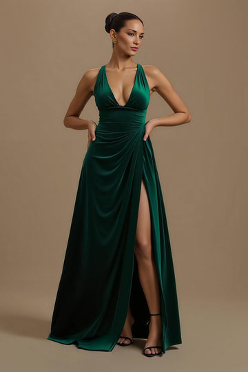 A-Line V-Neck Dark Green Holiday Dress With Slit